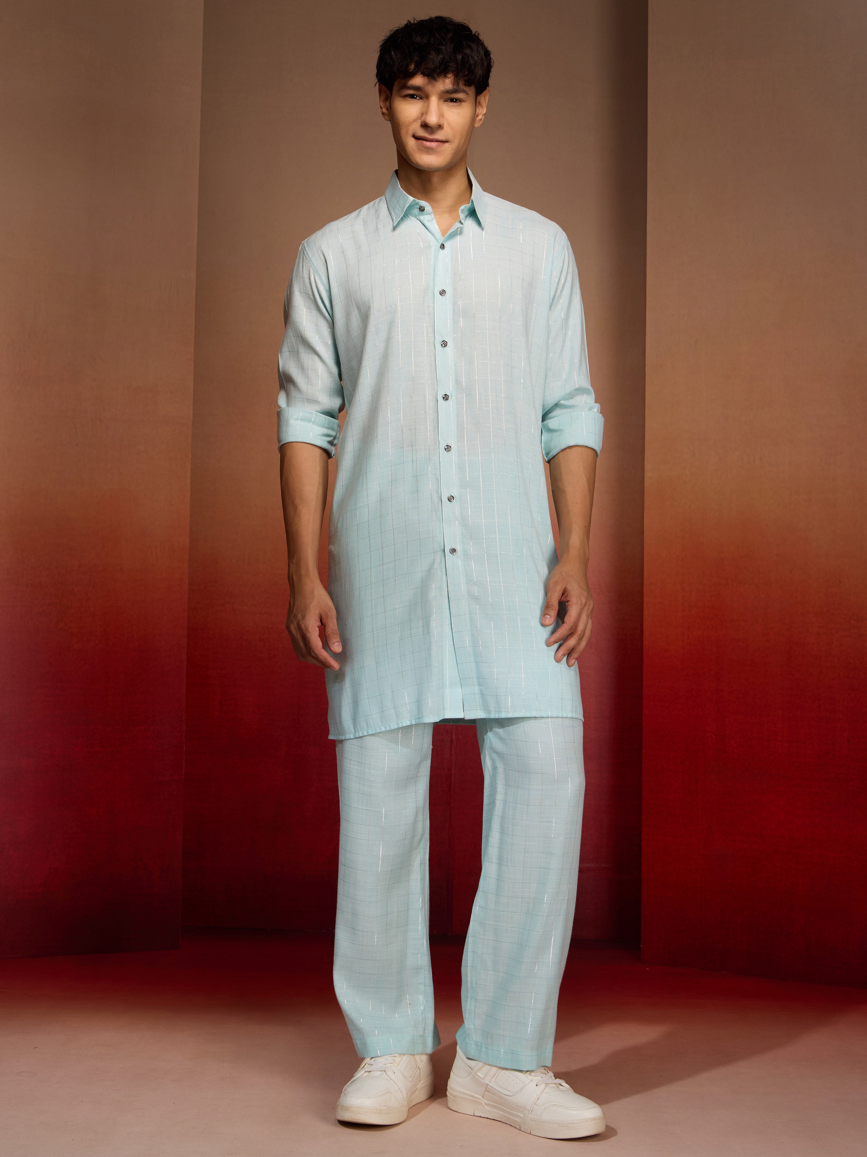 Men's Aqua Cotton Geometric Kurta Palazzo Set