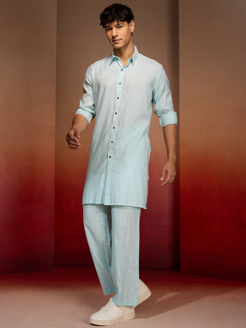 Men's Aqua Cotton Geometric Kurta Palazzo Set