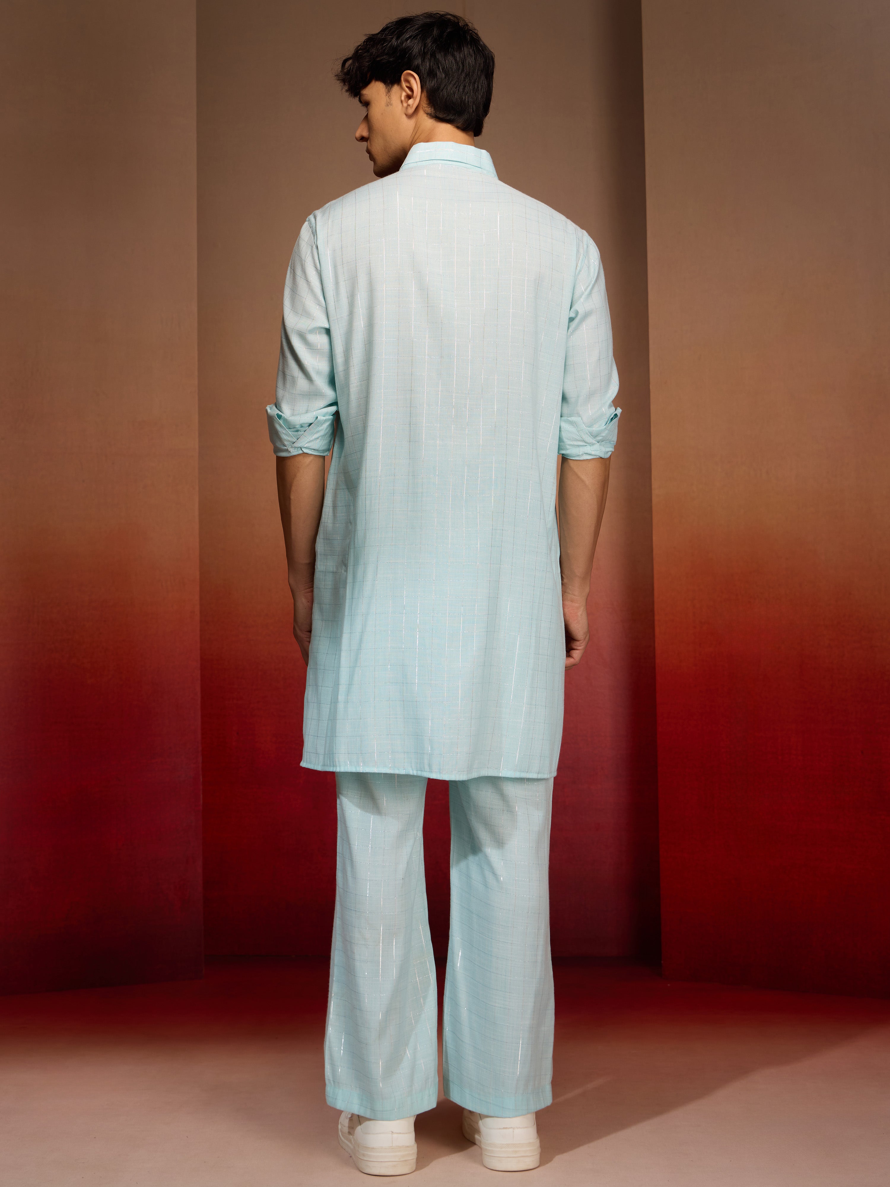 Men's Aqua Cotton Geometric Kurta Palazzo Set