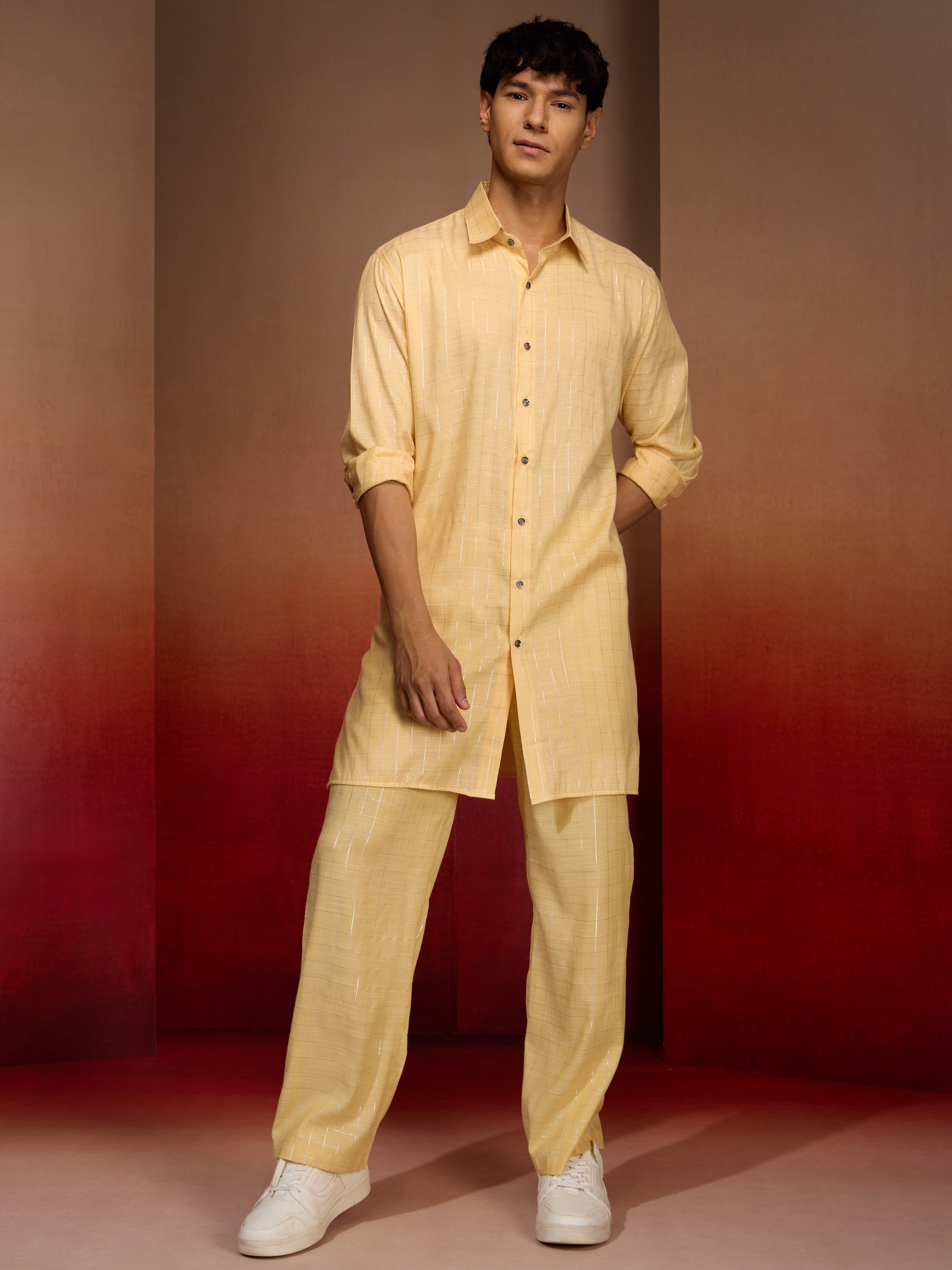 Men's Yellow Cotton Geometric Kurta Palazzo Set