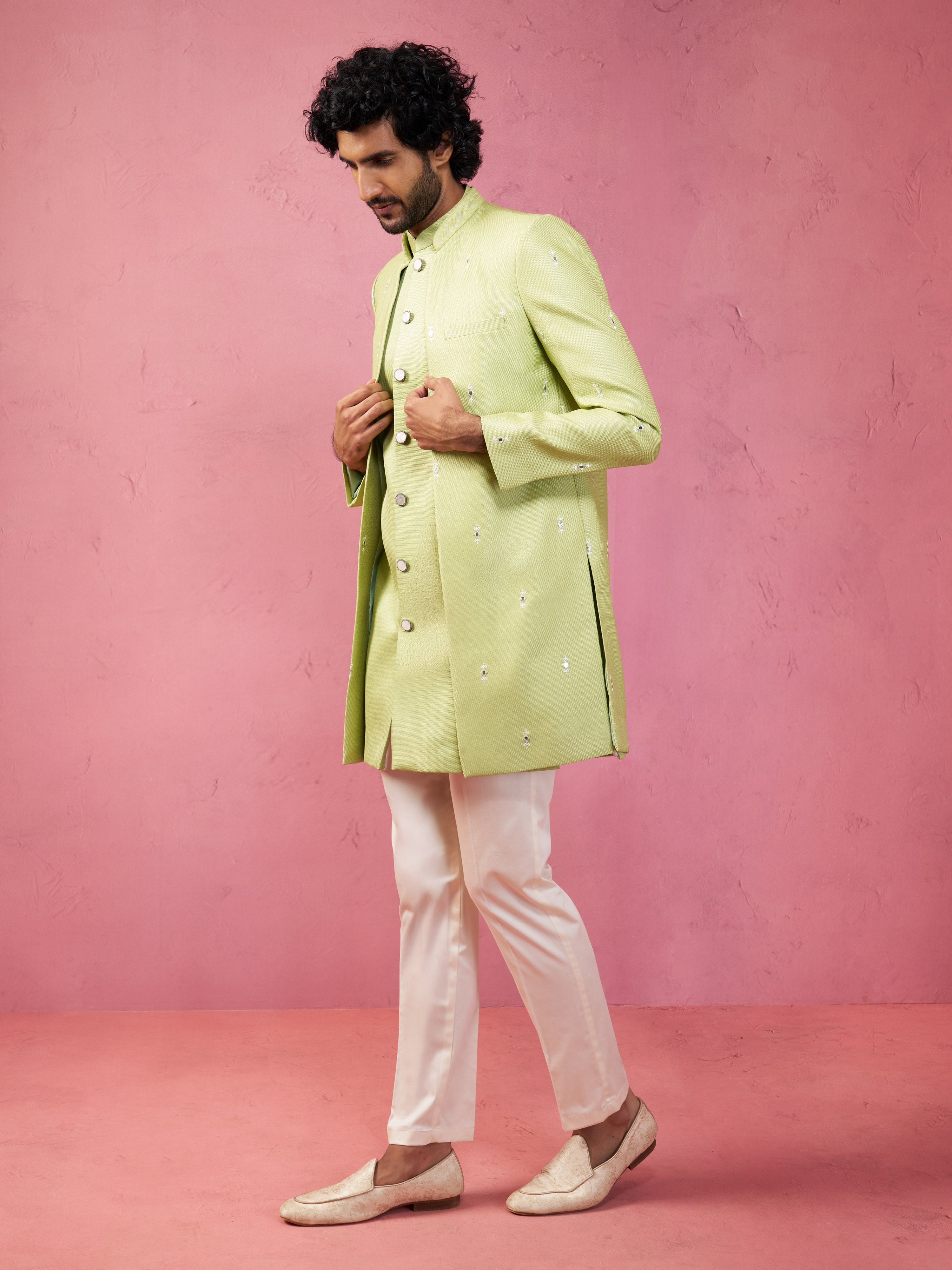 Men Embroidered Indo-Western Coat with Pyjama Set