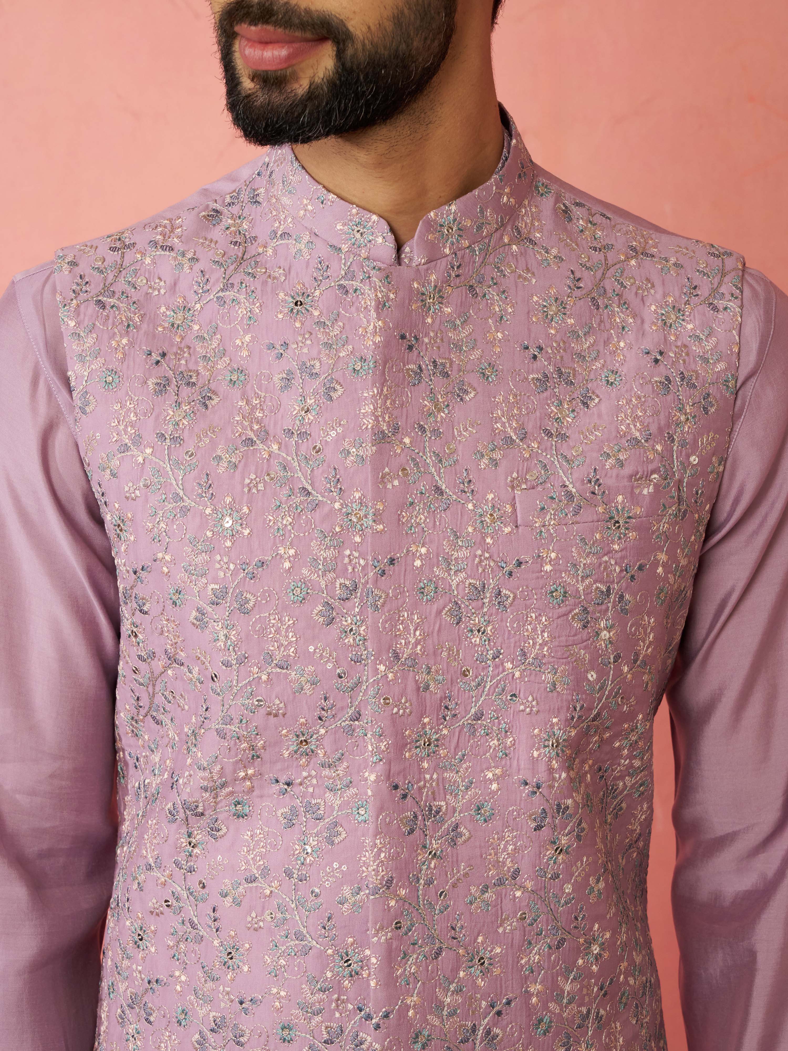 Men's Lavender Kurta Jacket Set with Cream Pyjama