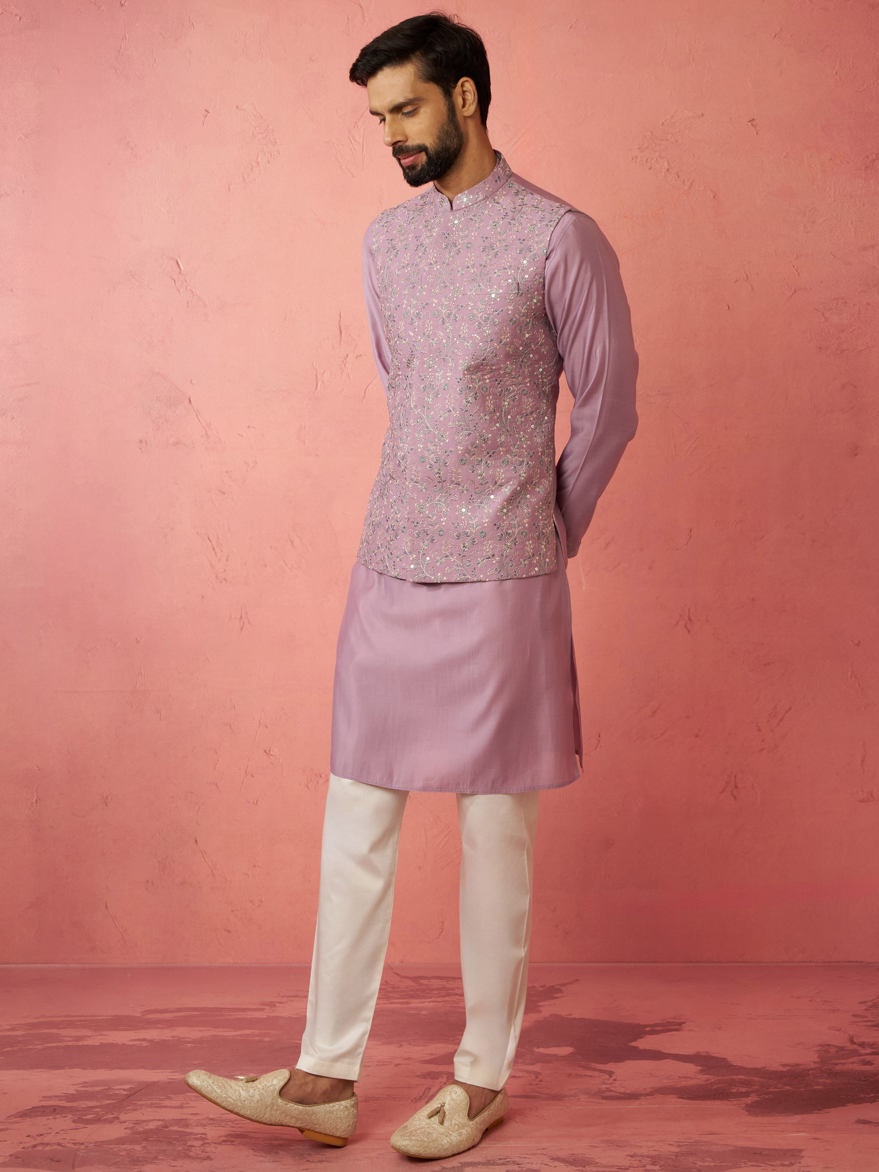 Men's Lavender Kurta Jacket Set with Cream Pyjama