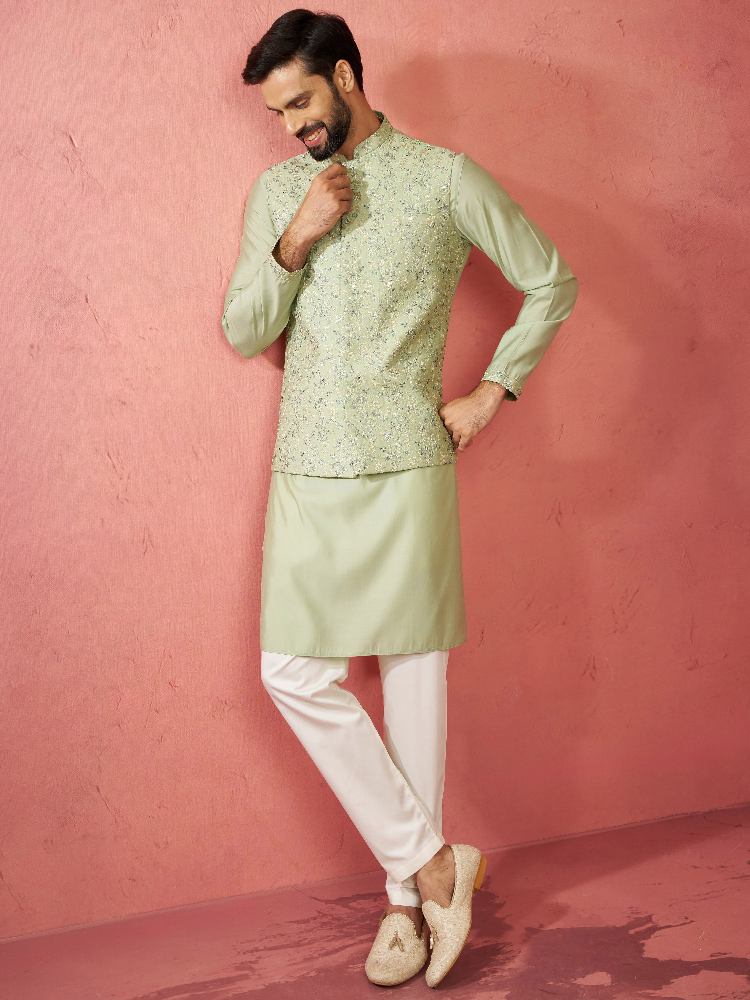 Men's Pista Green Nehru Jacket Kurta Set with Pyjama