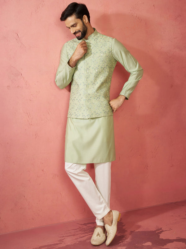 Men's Pista Green Nehru Jacket Kurta Set with Pyjama