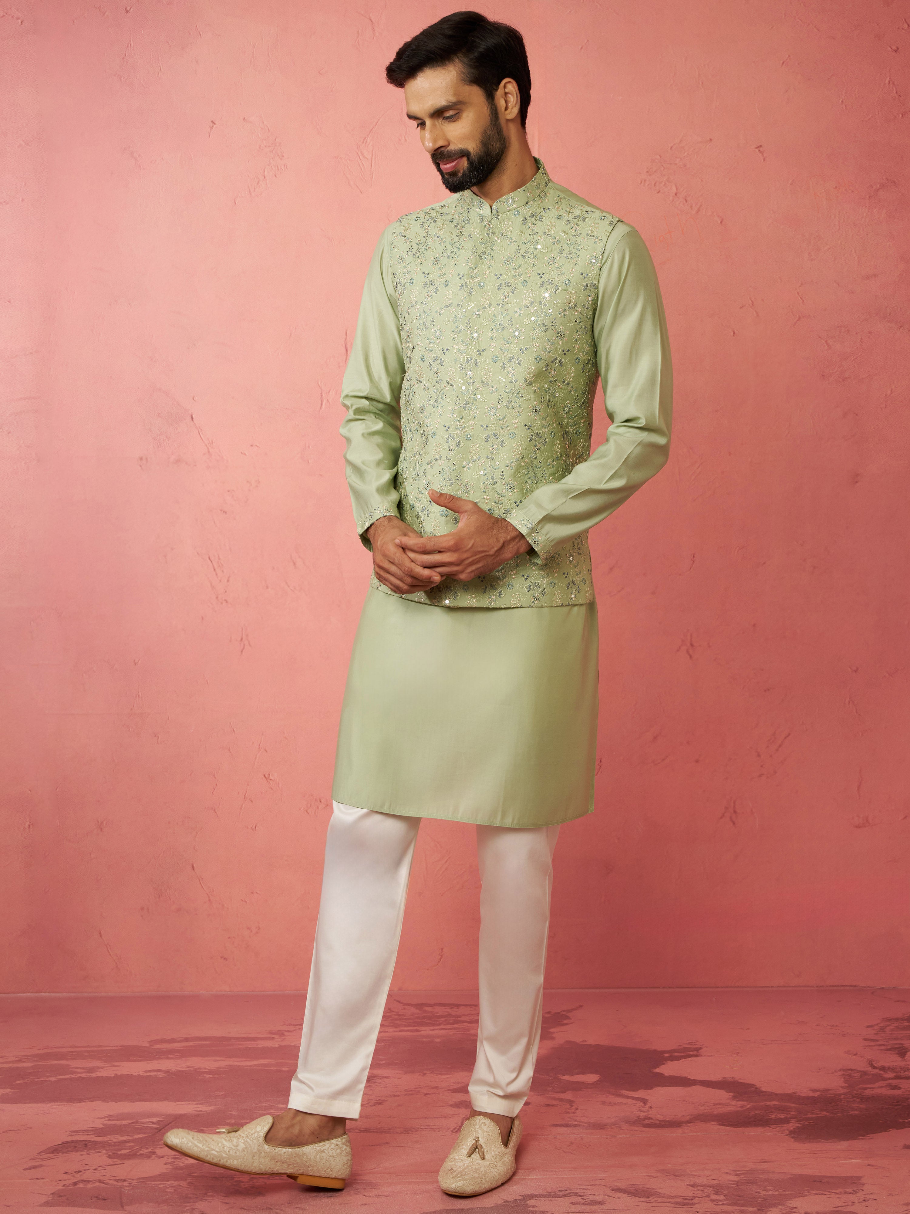 Men's Pista Green Nehru Jacket Kurta Set with Pyjama