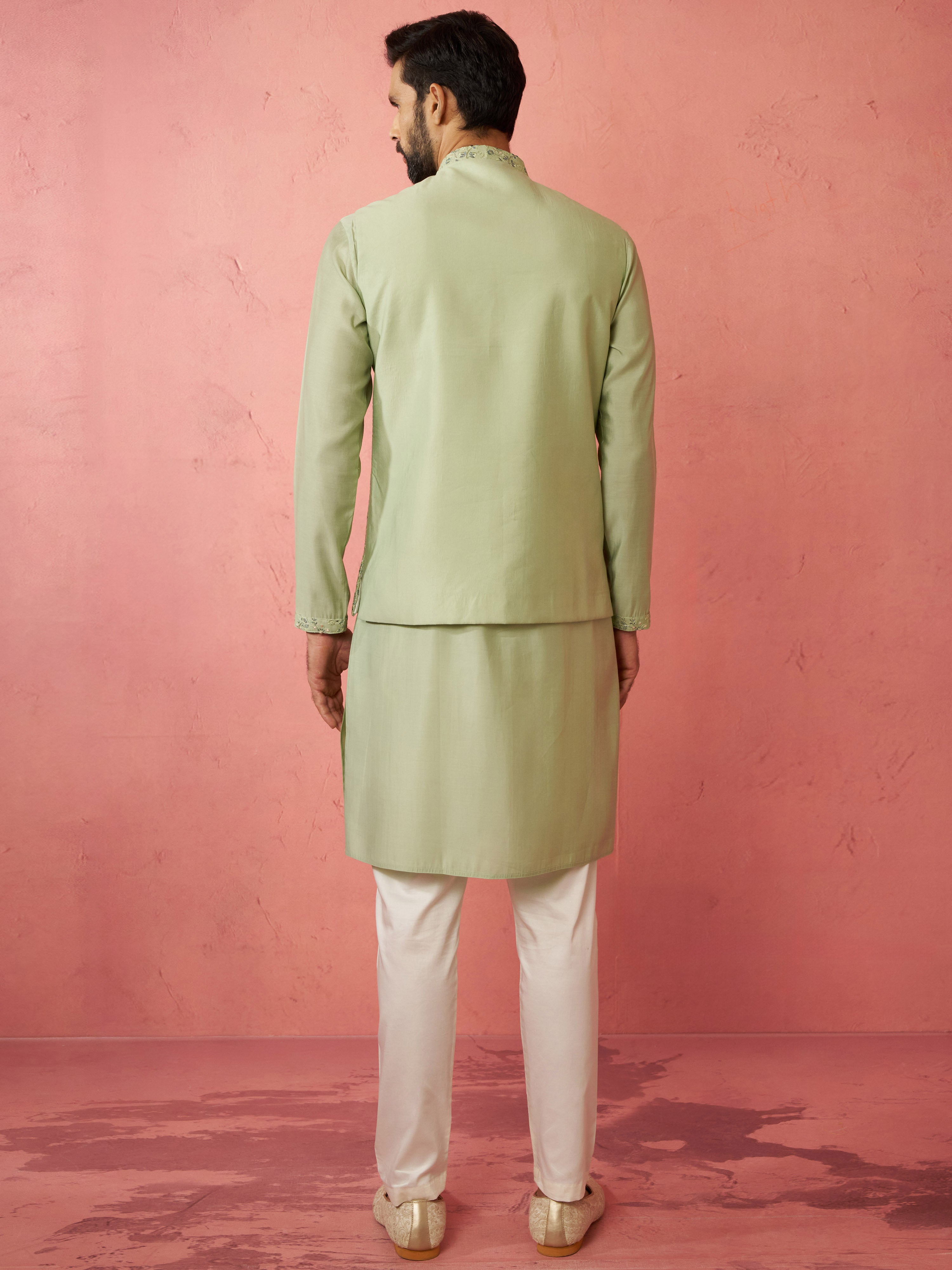 Men's Pista Green Nehru Jacket Kurta Set with Pyjama