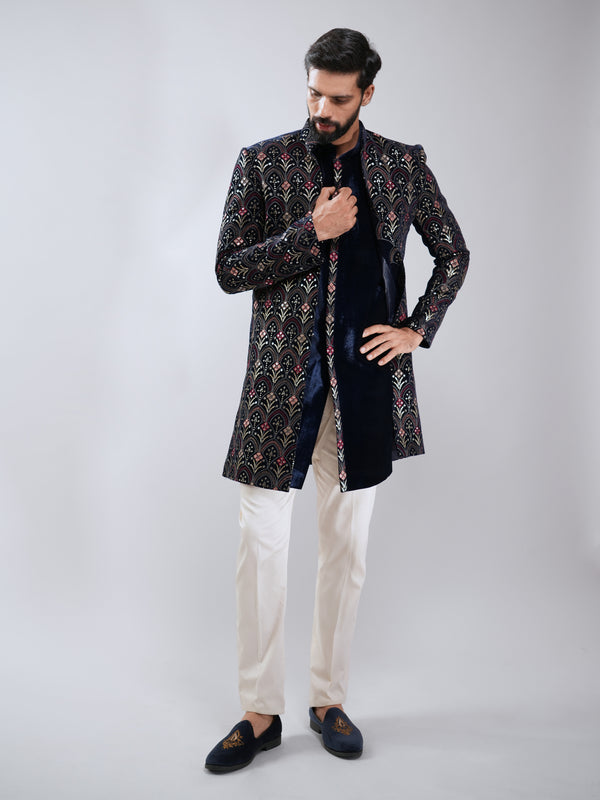 Men Navy Blue Velvet Embroidered Indo-Western Set with Cream Pant