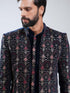 Men Navy Blue Velvet Embroidered Indo-Western Set with Cream Pant