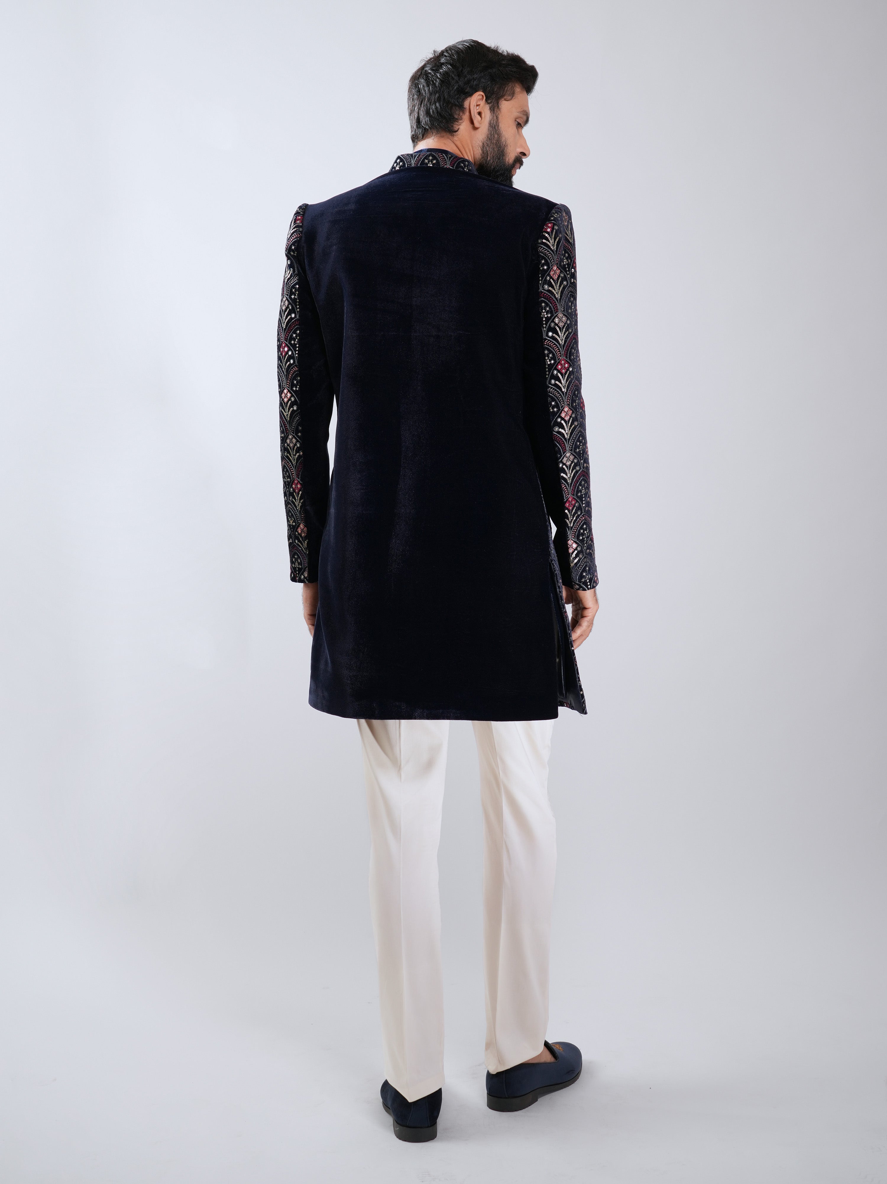 Men Navy Blue Velvet Embroidered Indo-Western Set with Cream Pant