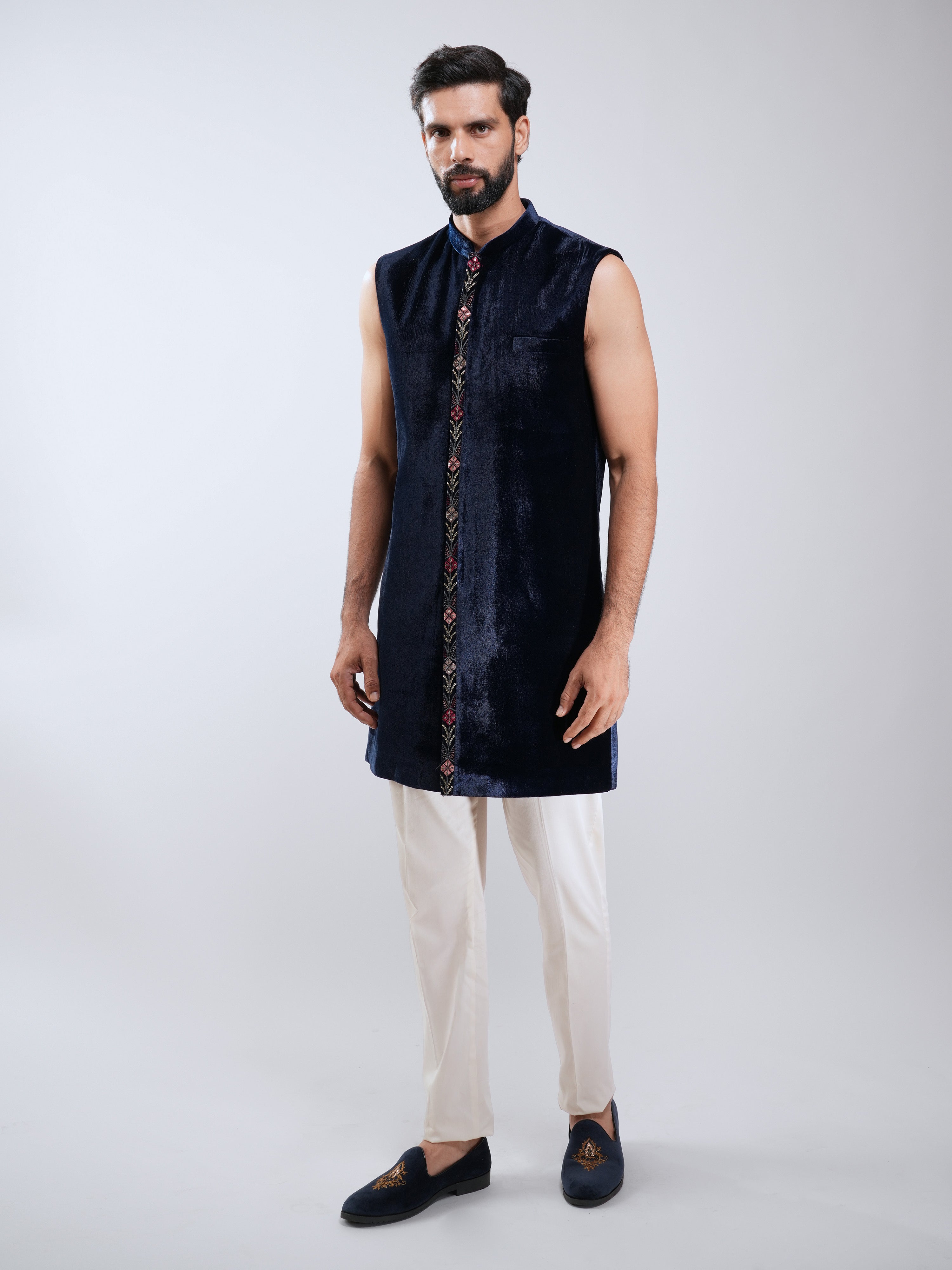 Men Navy Blue Velvet Embroidered Indo-Western Set with Cream Pant