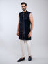 Men Navy Blue Velvet Embroidered Indo-Western Set with Cream Pant