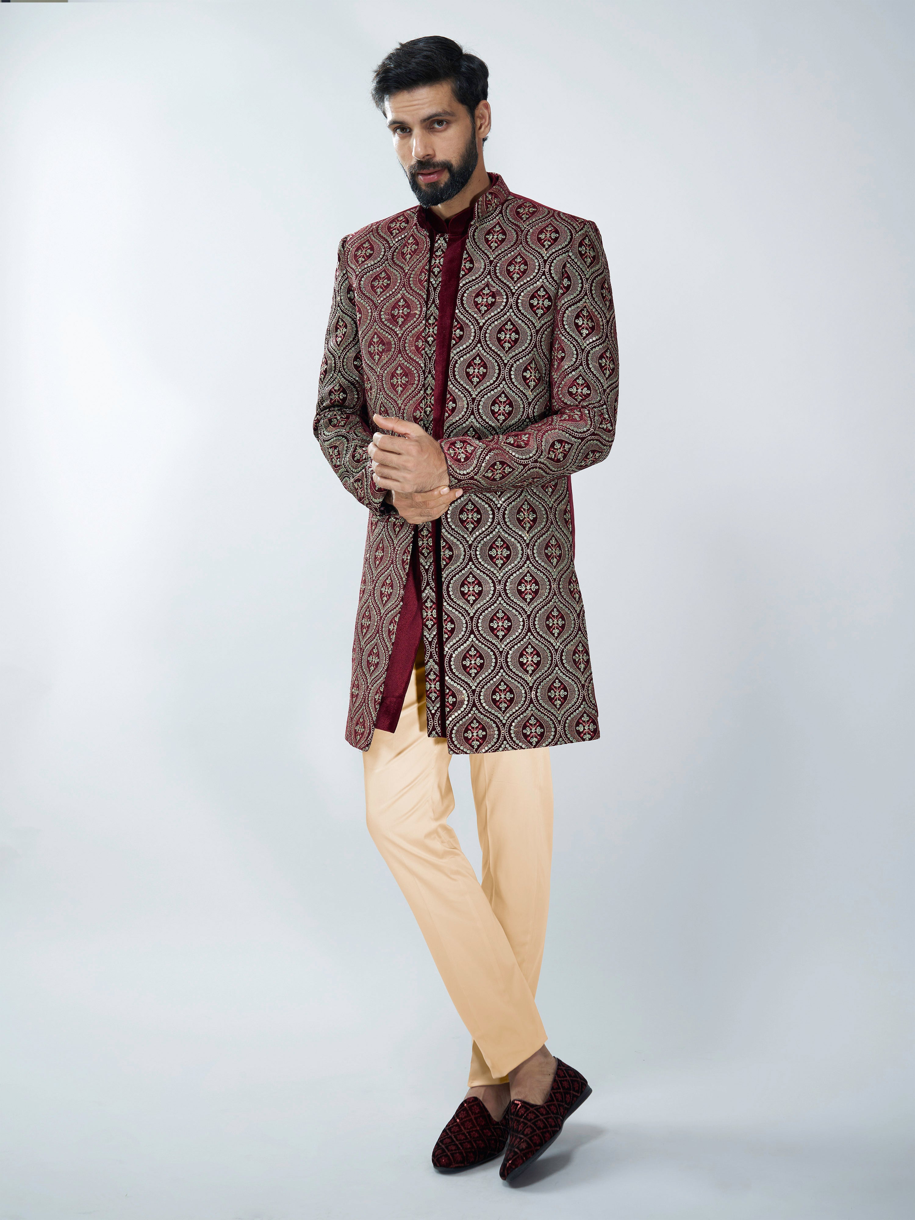 Men Black Velvet Embroidered Indo-Western Set with Black Pant