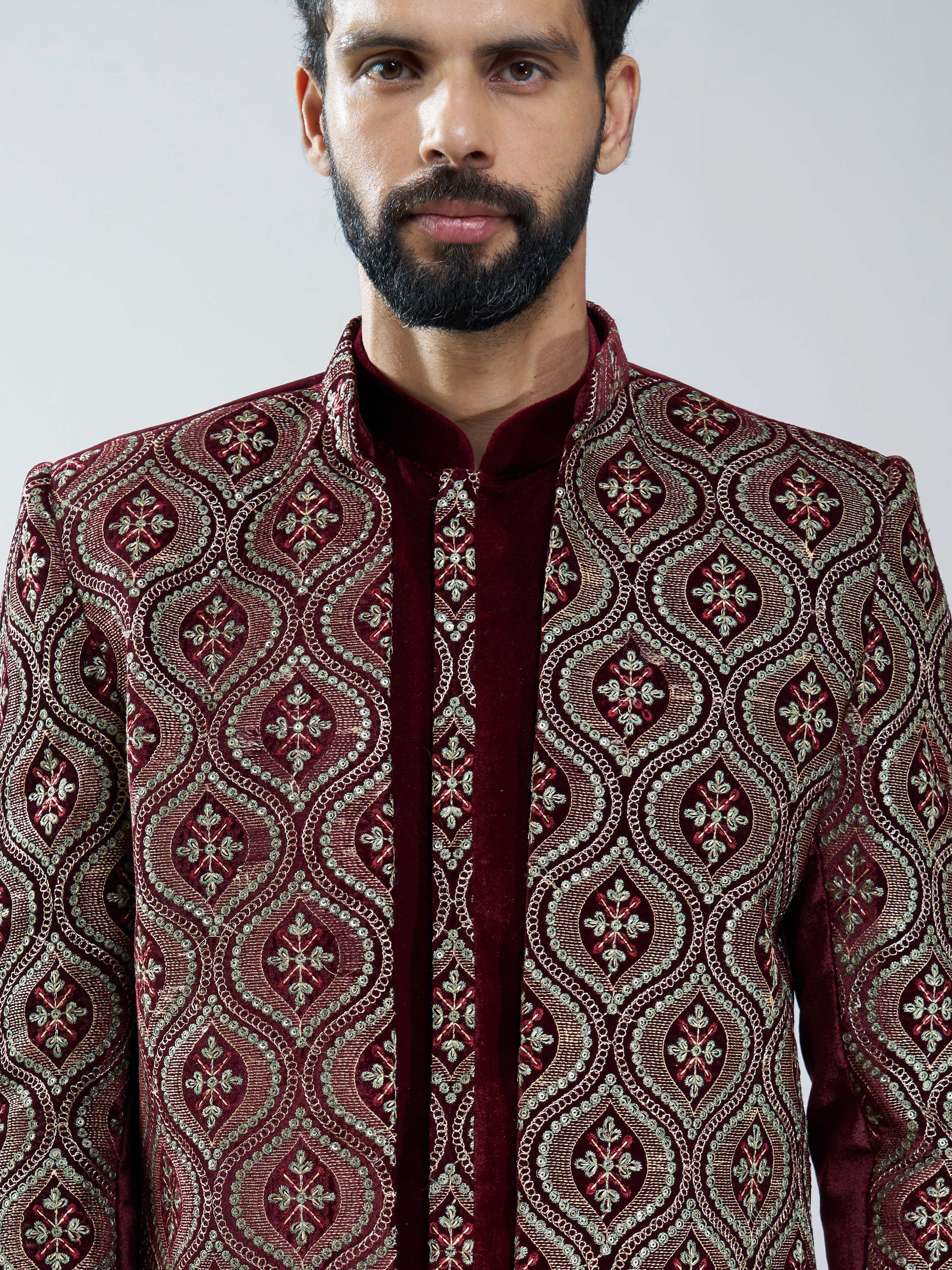 Men Black Velvet Embroidered Indo-Western Set with Black Pant