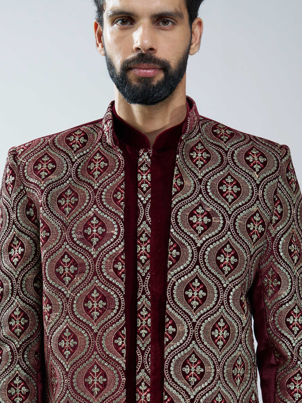 Men Black Velvet Embroidered Indo-Western Set with Black Pant