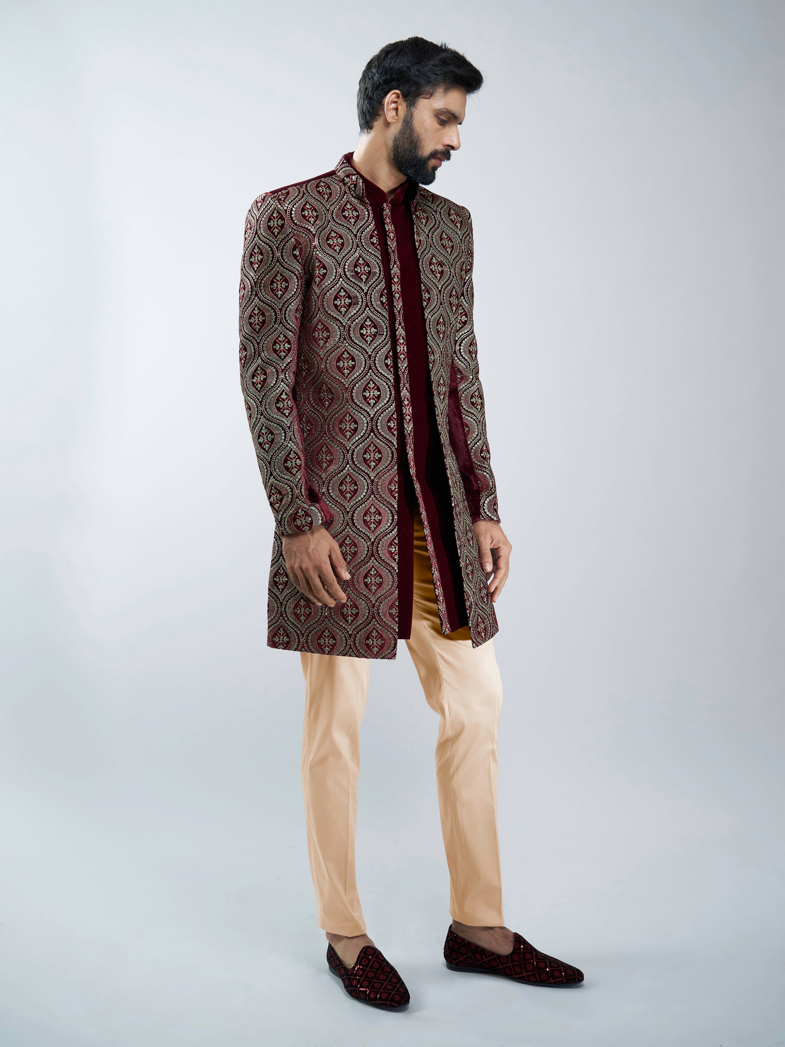 Men Black Velvet Embroidered Indo-Western Set with Black Pant