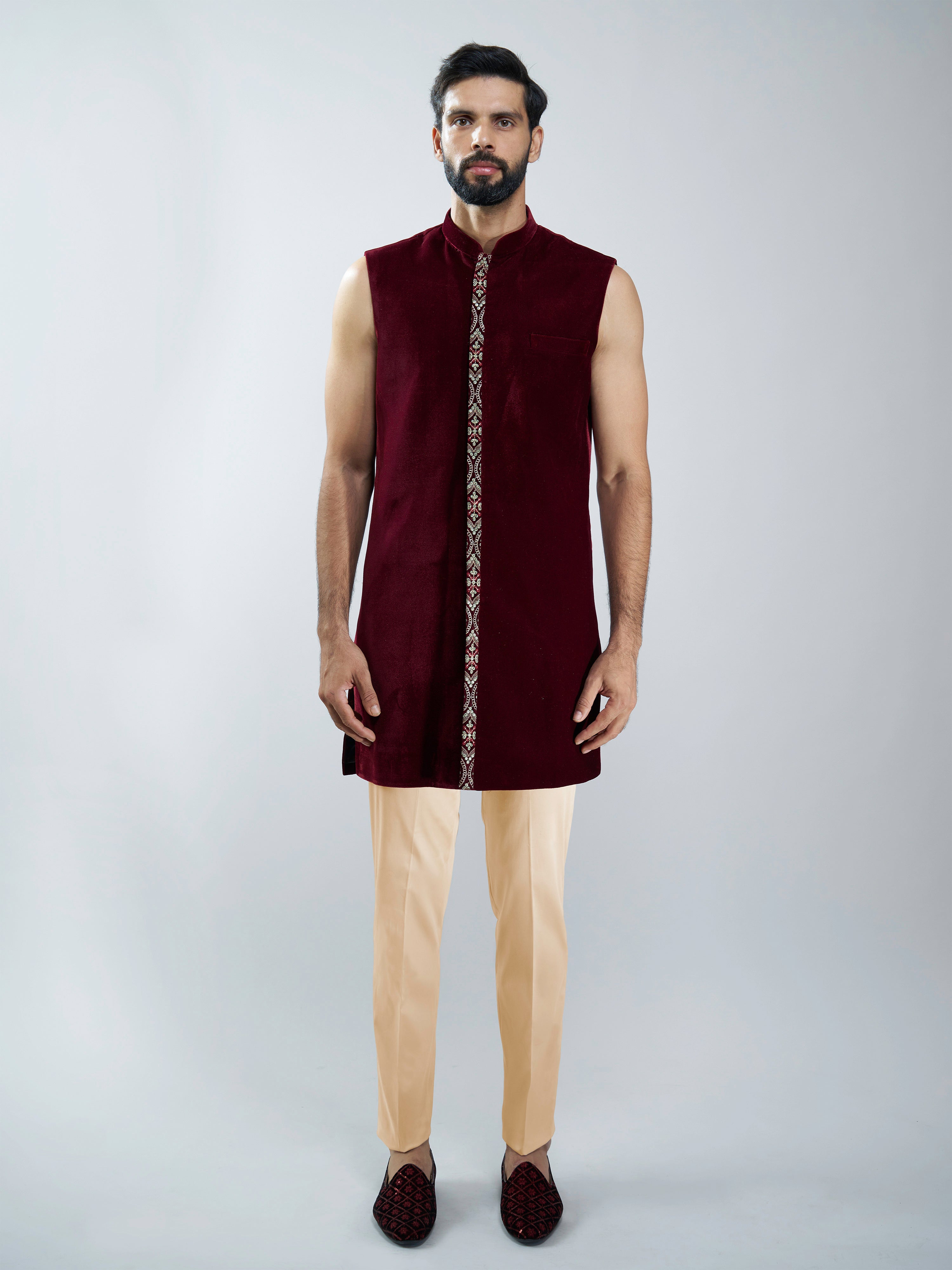 Men Black Velvet Embroidered Indo-Western Set with Black Pant
