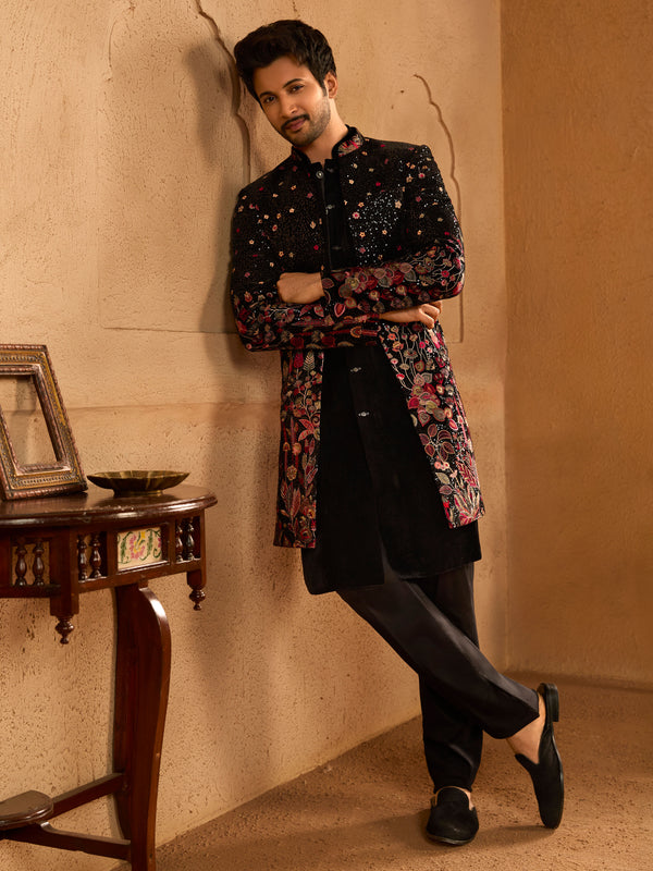 Men Black Velvet Floral Embroidered Indo-Western Bundled with Black Cotton Lycra Pants Set