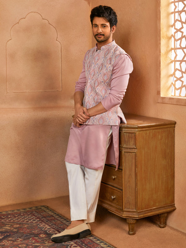 Men's Peach Silk Blend Thread & Chord Embroidered Nehru Jacket Kurta Set with Cream Fine Satin Pyjama Combo