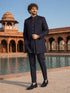 Men Navy Blue Embroidered Thread Work Knee Length Straight Pant Sherwani Set