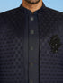 Men Navy Blue Embroidered Thread Work Knee Length Straight Pant Sherwani Set