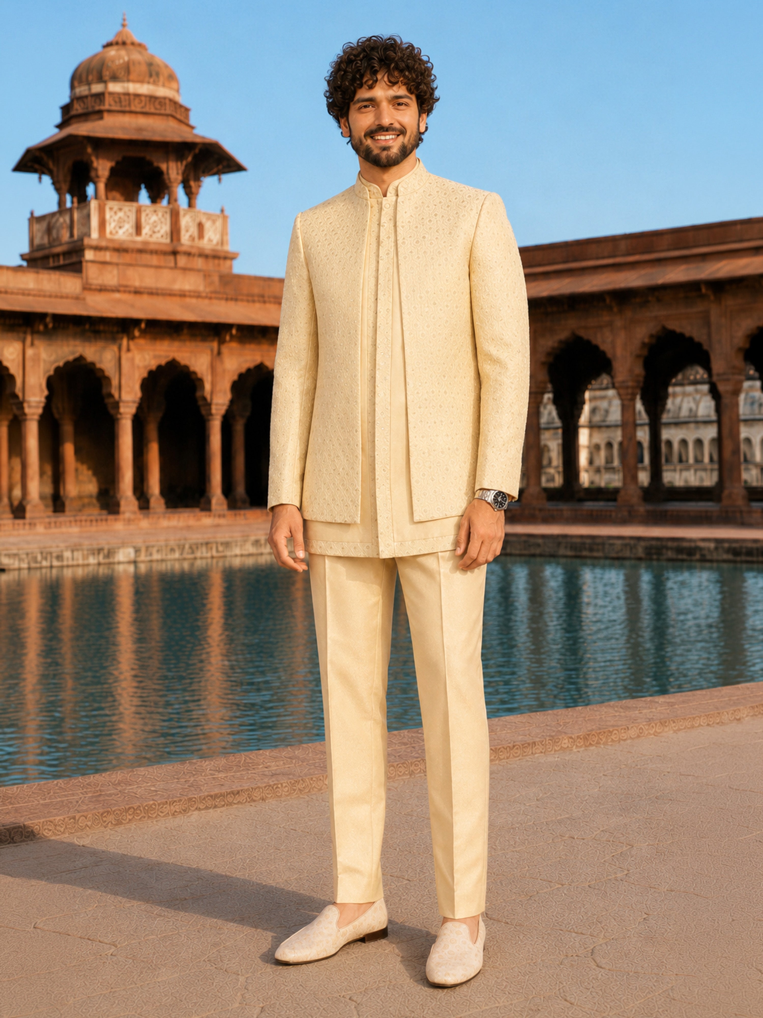 Men Cream Self Design Woven-Design Waist Length Sherwani Set with Straight Pant