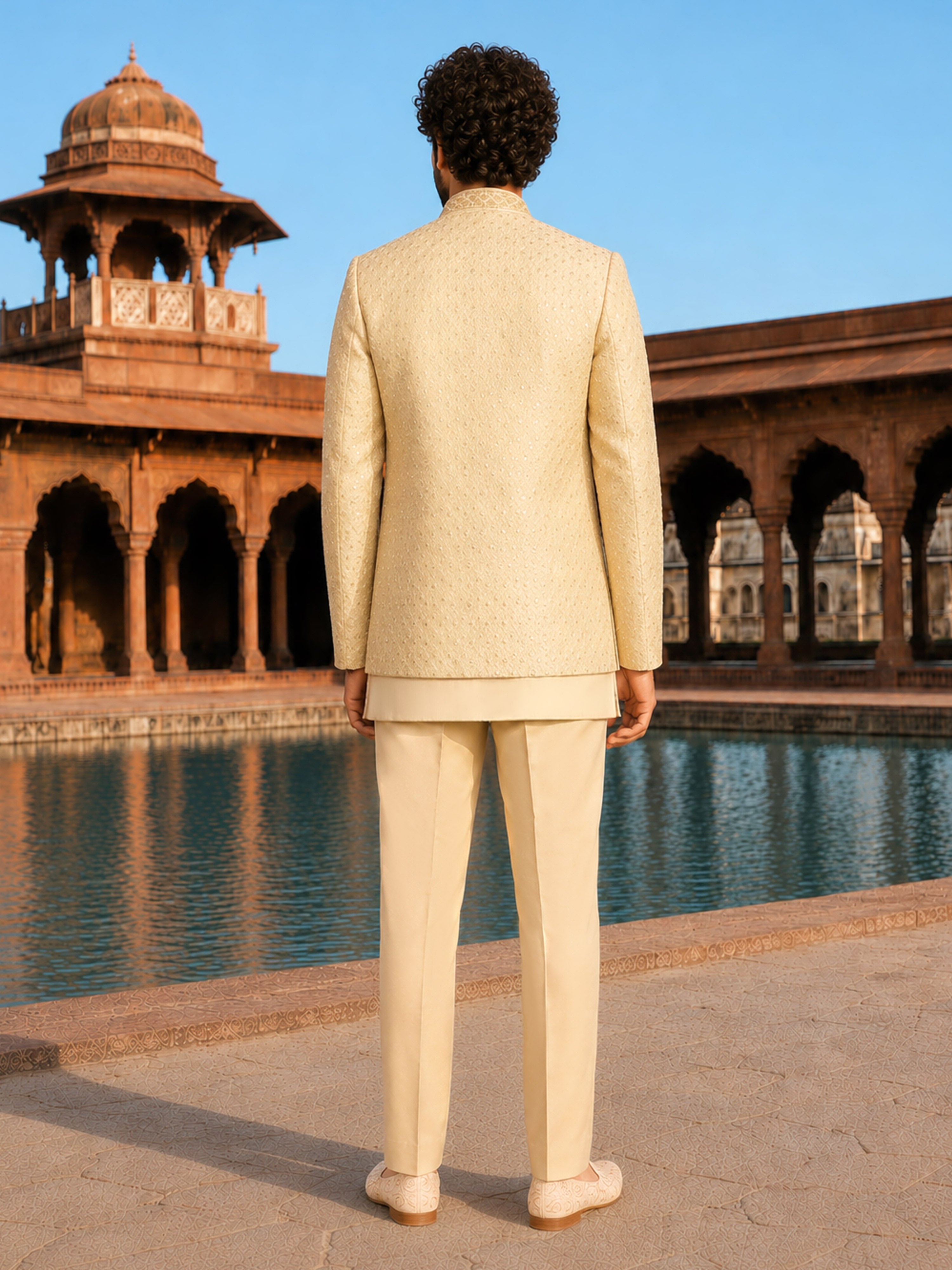 Men Cream Self Design Woven Design / Jacquard Waist Length Straight PantSherwani Set