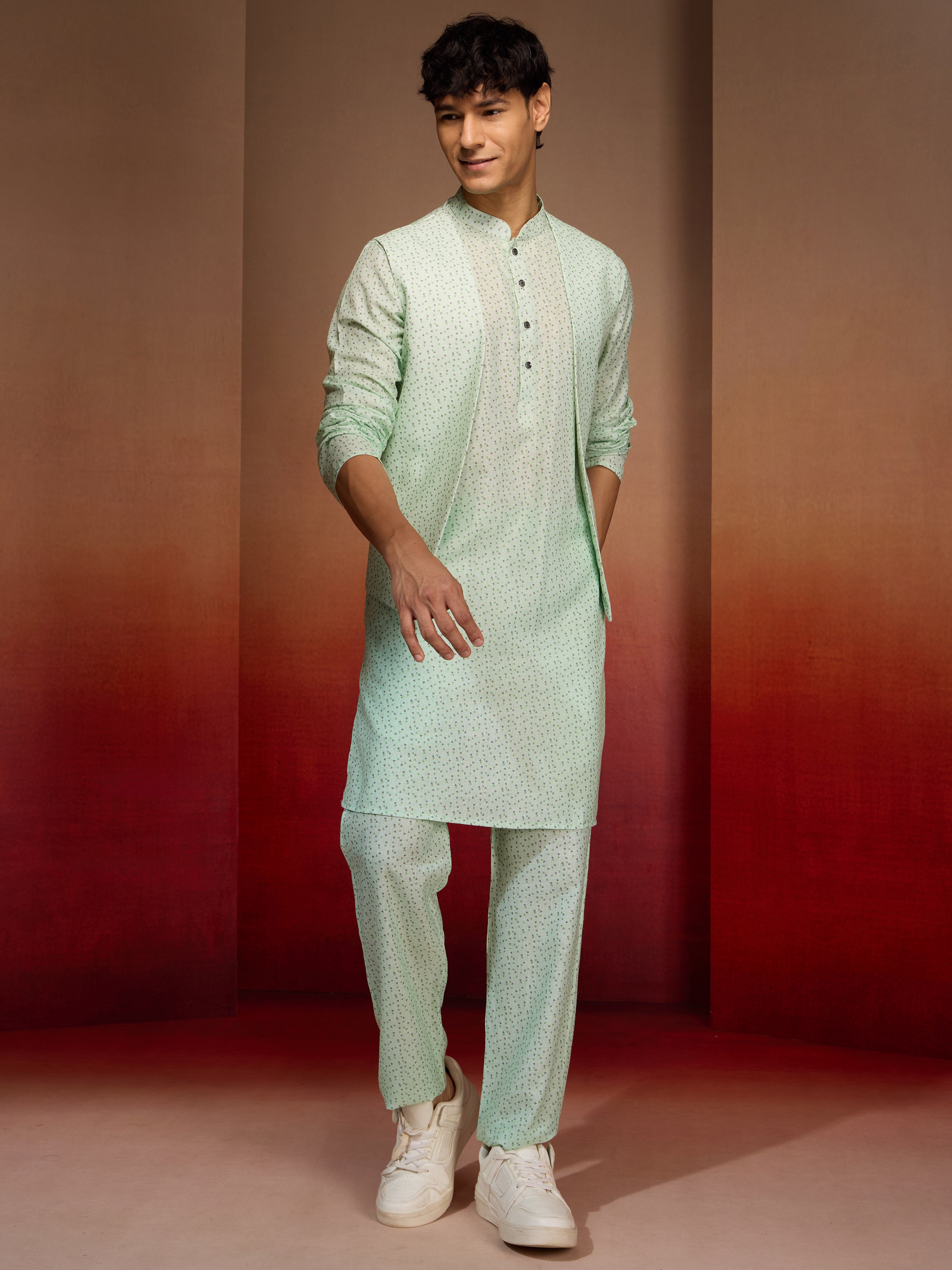 Men's Peach Mint Green Cotton Linen 3-Piece Set