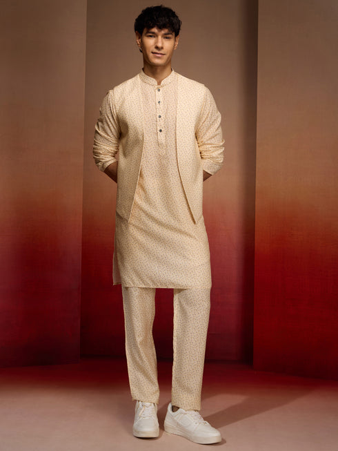 Men's Peach Yellow Cotton Linen 3-Piece Set