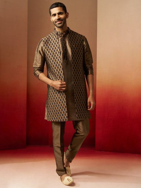 Men Bronze Black Silk 3-Piece Jacquard Set