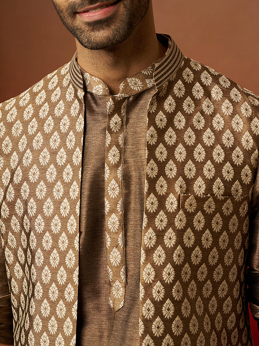 Men Bronze Gold Silk 3-Piece Jacquard Set