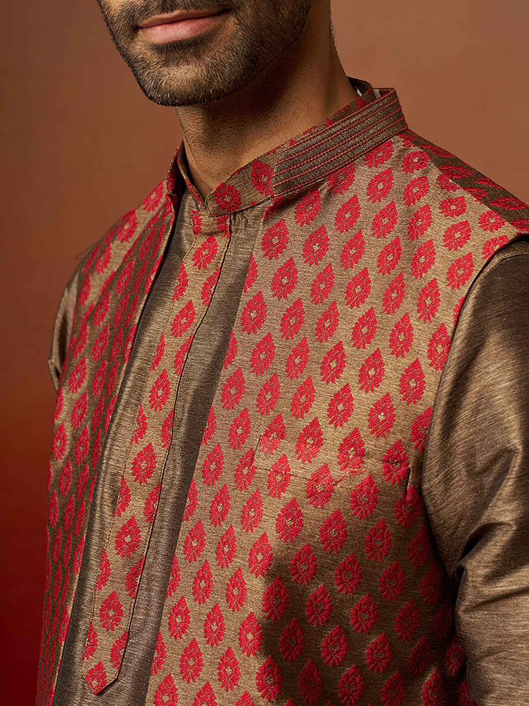 Men Bronze Maroon Silk 3-Piece Jacquard Set
