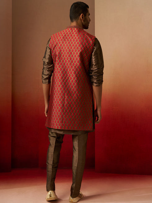 Men Bronze Maroon Silk 3-Piece Jacquard Set