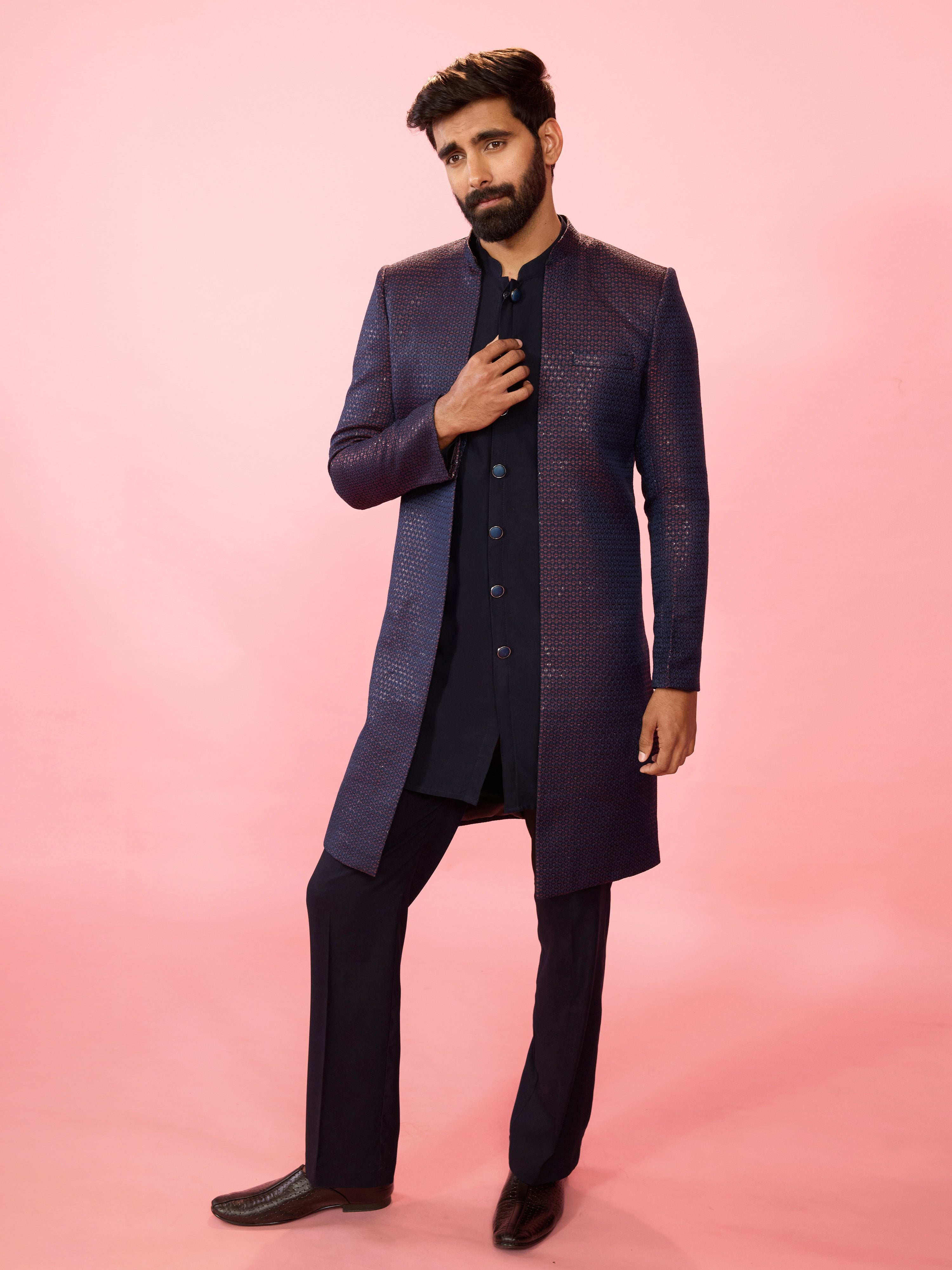 Men's Red Jacquard Silk Blend Indo-Western with Navy Blue Sleeveless Semi-Indo & Imported Suiting Pant Set