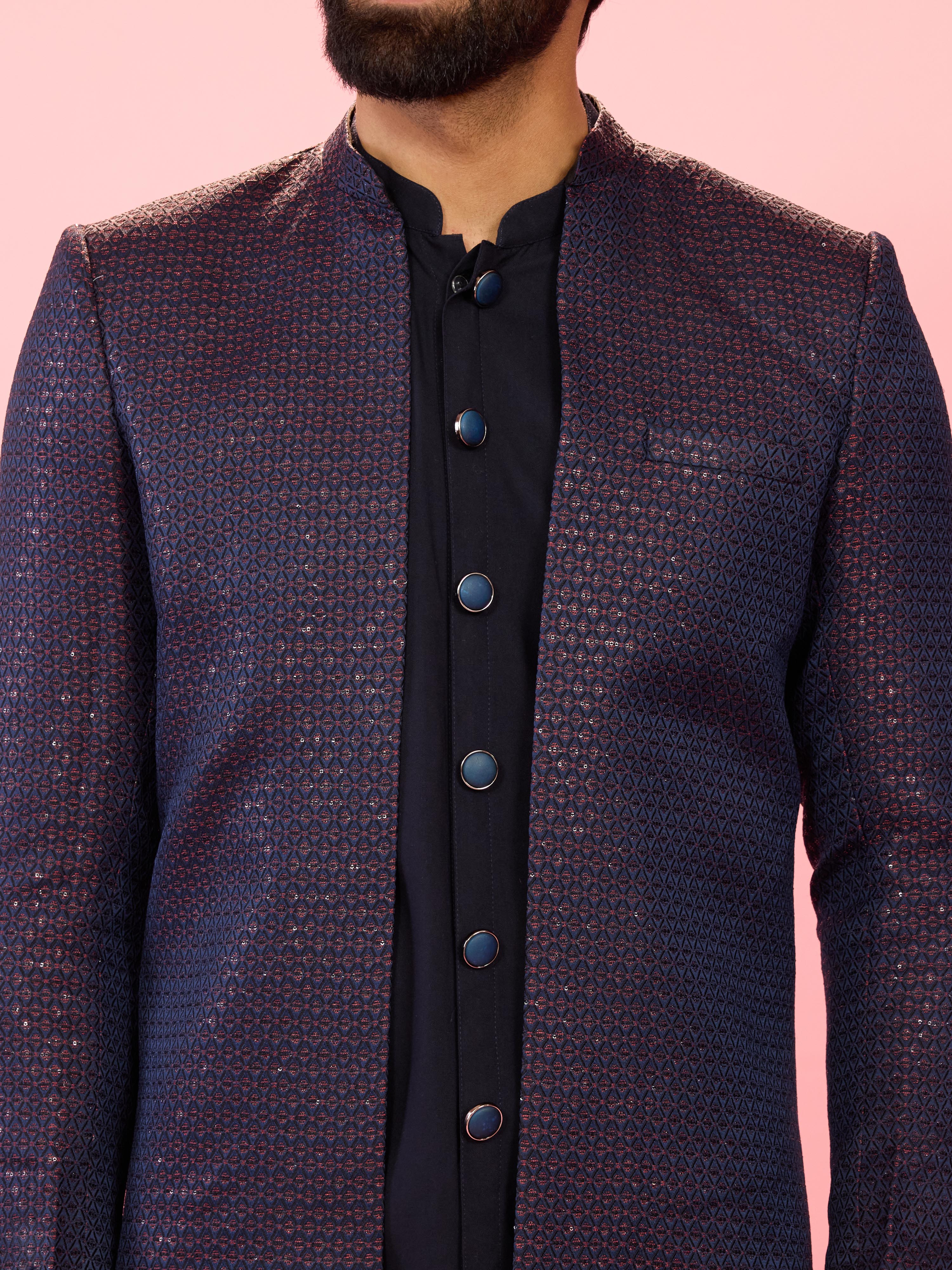 Men's Red Jacquard Silk Blend Indo-Western with Navy Blue Sleeveless Semi-Indo & Imported Suiting Pant Set