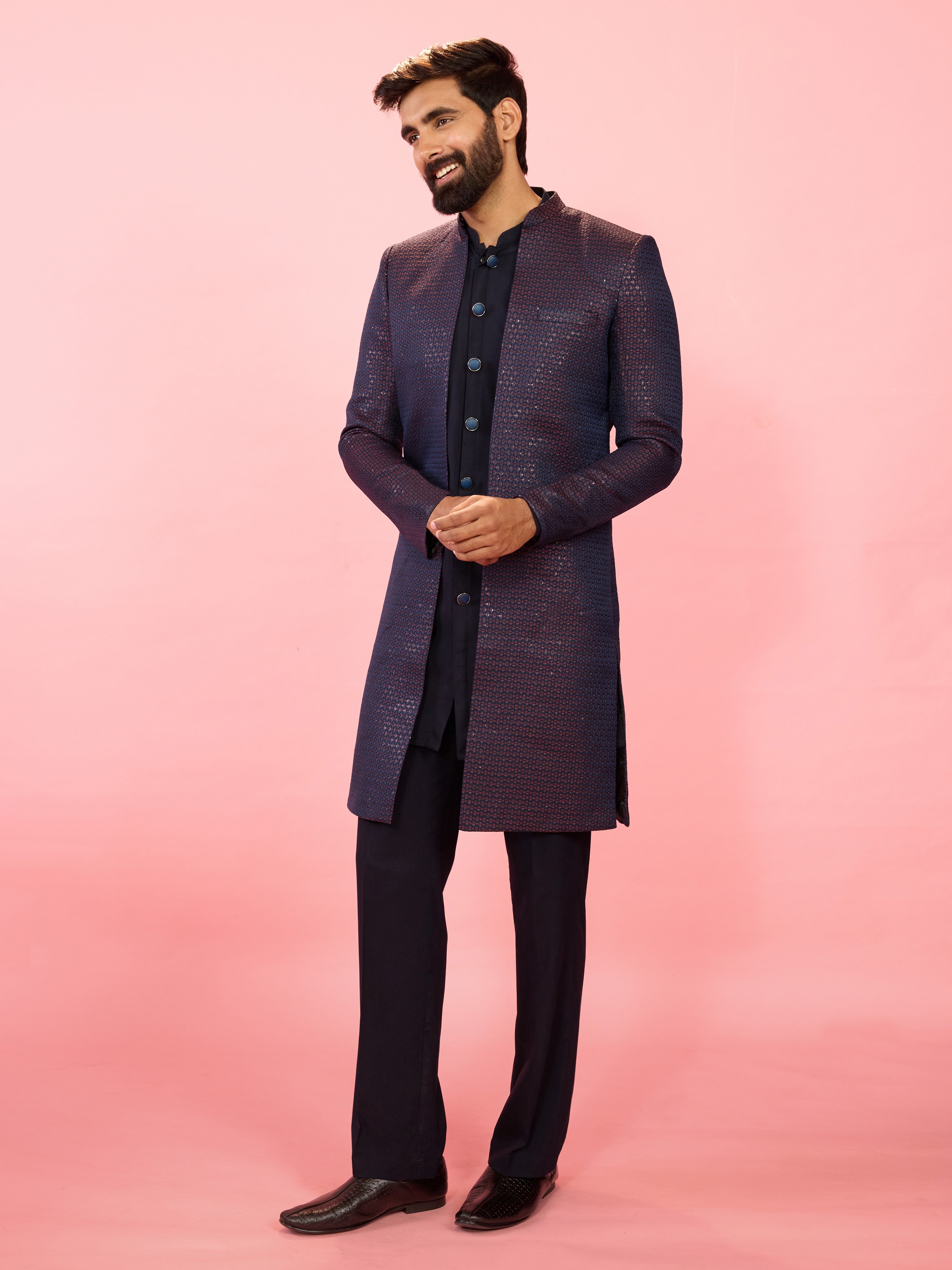 Men's Red Jacquard Silk Blend Indo-Western with Navy Blue Sleeveless Semi-Indo & Imported Suiting Pant Set