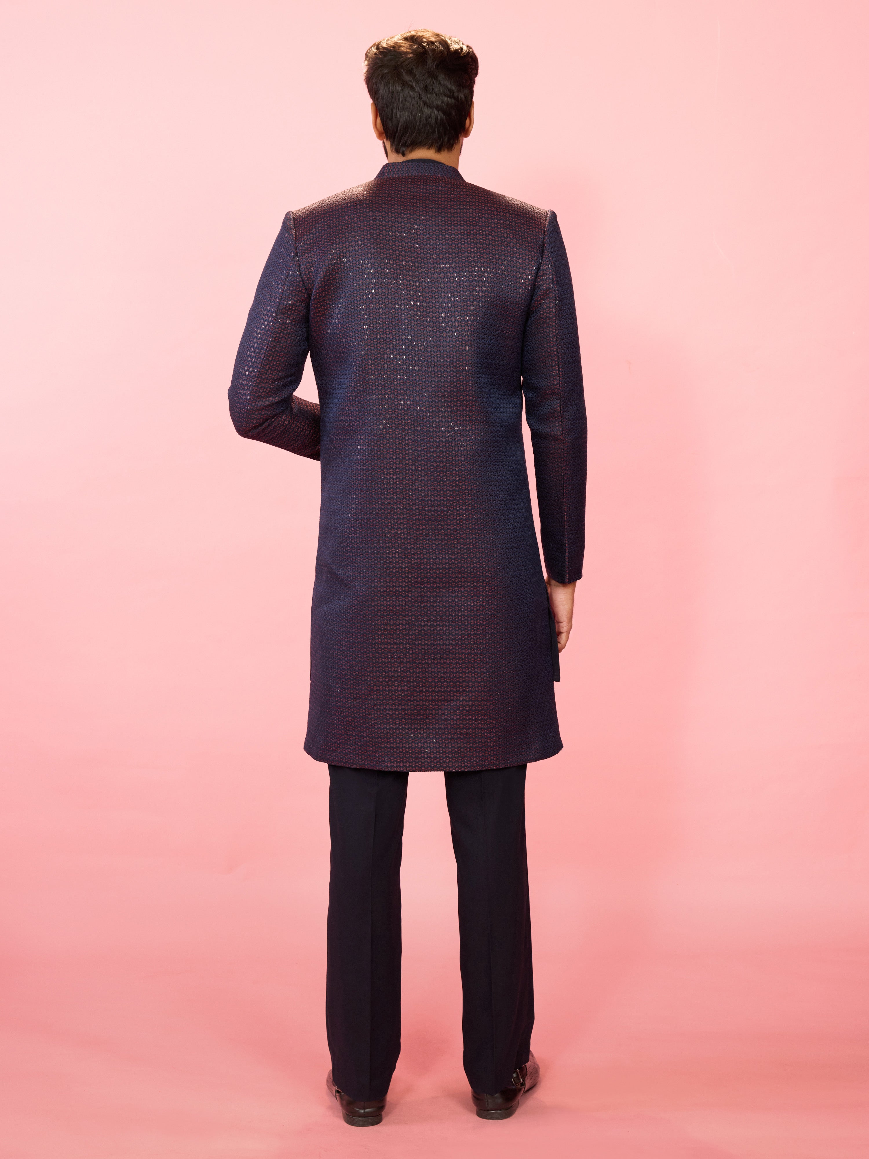 Men's Red Jacquard Silk Blend Indo-Western with Navy Blue Sleeveless Semi-Indo & Imported Suiting Pant Set
