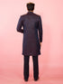 Men's Red Jacquard Silk Blend Indo-Western with Navy Blue Sleeveless Semi-Indo & Imported Suiting Pant Set