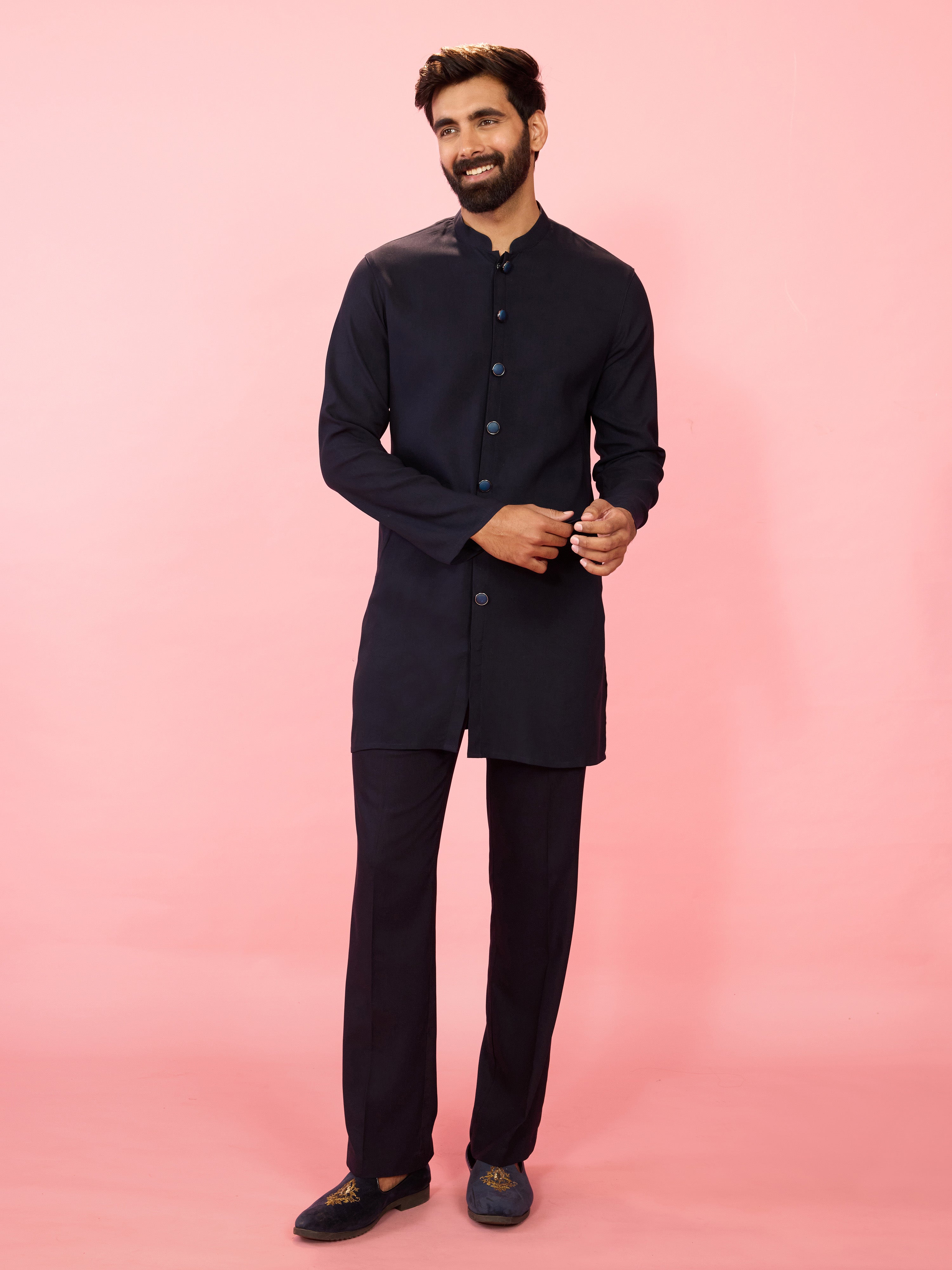 Men's Red Jacquard Silk Blend Indo-Western with Navy Blue Sleeveless Semi-Indo & Imported Suiting Pant Set