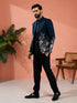 Men Navy Blue Silk Blend Floral Zari & Thread Embroidered Jodhpuri with Black Imported Suiting Pant Set
