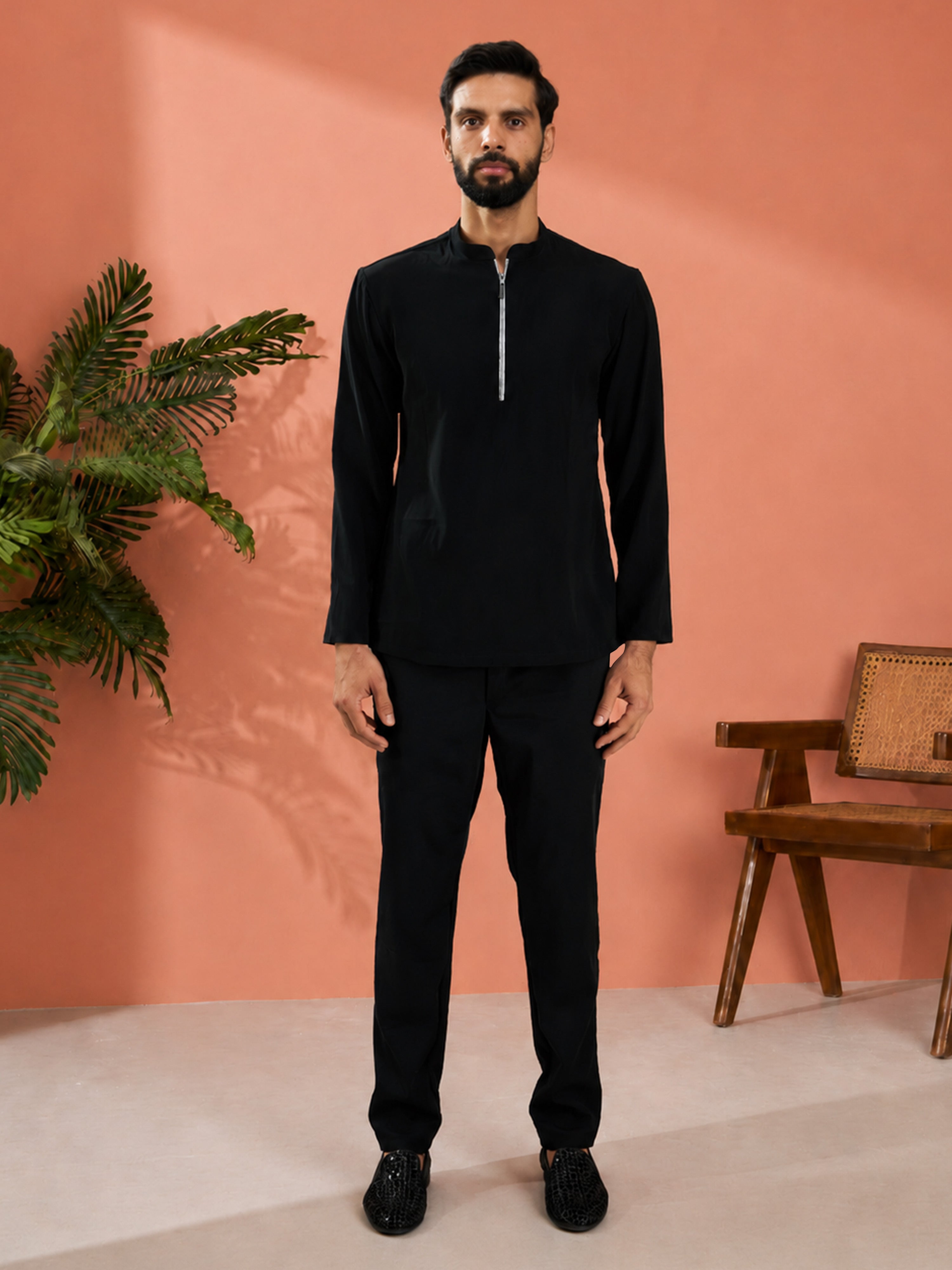 Men Navy Blue Silk Blend Floral Zari & Thread Embroidered Jodhpuri with Black Imported Suiting Pant Set
