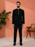 Men Navy Blue Silk Blend Floral Zari & Thread Embroidered Jodhpuri with Black Imported Suiting Pant Set