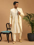 Men Cream Mirror Work Silk Blend Indo-Western Kurta with Churidar Set