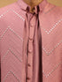 Men Onion Pink Mirror Work Silk Blend Indo-Western Kurta with Cream Churidar Set
