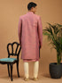 Men Onion Pink Mirror Work Silk Blend Indo-Western Kurta with Cream Churidar Set