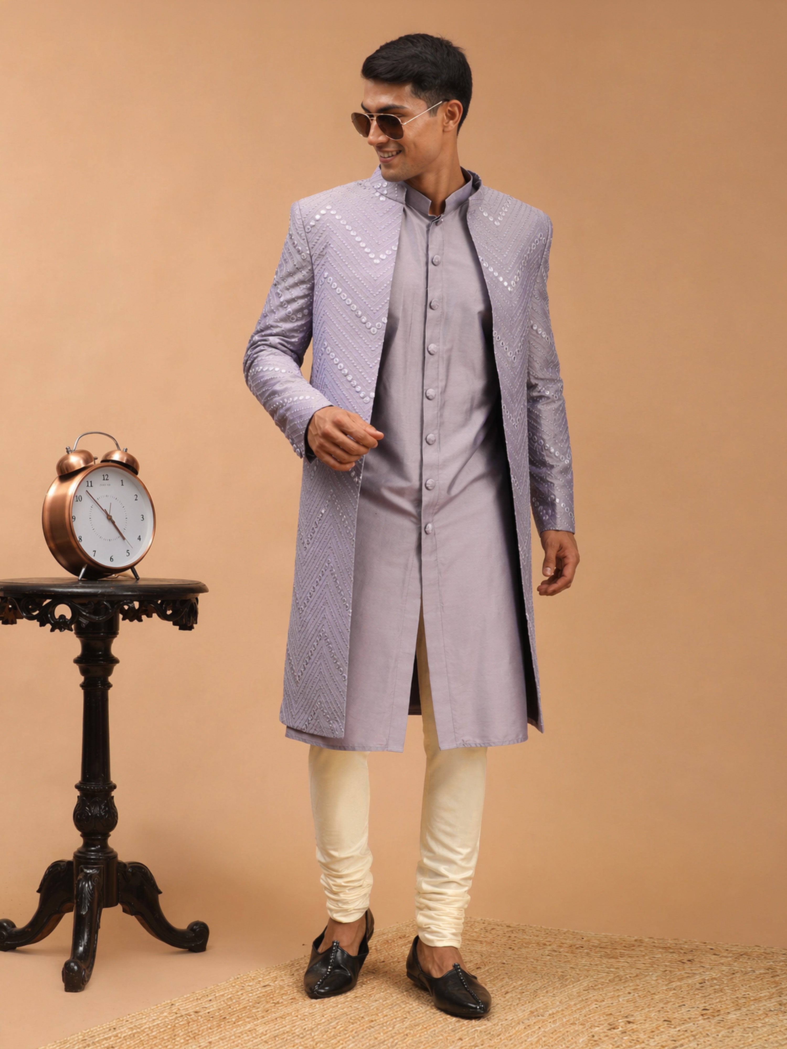 Men Purple Mirror Work Silk Blend Indo-Western Kurta with Cream Churidar Set