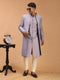 Men Purple Mirror Work Silk Blend Indo-Western Kurta with Cream Churidar Set