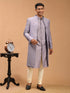 Men Purple Mirror Work Silk Blend Indo-Western Kurta with Cream Churidar Set