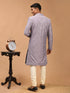 Men Purple Mirror Work Silk Blend Indo-Western Kurta with Cream Churidar Set