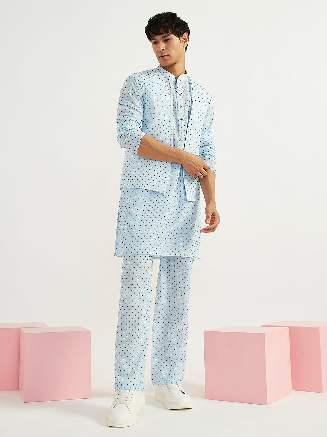 Men's Aqua Linen Jacket,Kurta And Pyjama Set.